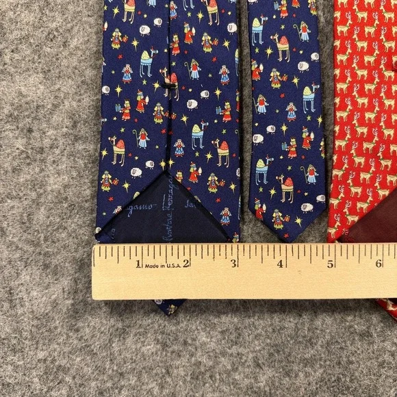 Salvatore Ferragamo Silk Ties Mens Lot 2 Red Reindeer Nativity Christmas Italy